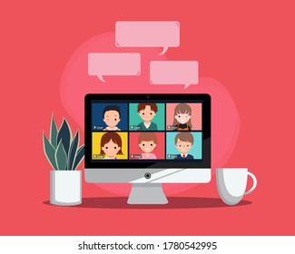 Virtual meeting concept. New normal lifestyle teleconference with colleague. Working space with plant and coffee. Flat style vector design.