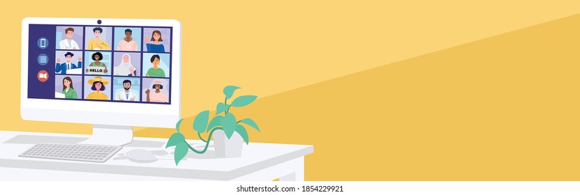 Virtual meeting concept, People having video conference with their colleagues at home. Vector Illustration