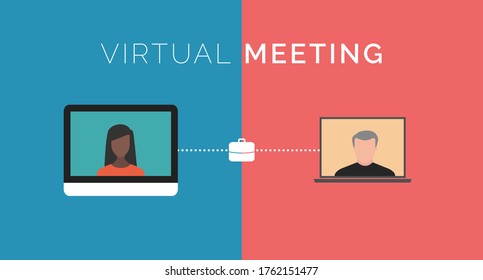 Virtual meeting concept. Two coworkers having work virtual meeting through computer screens