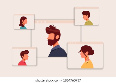 Ilustración vectorial de concepto de reunión virtual, teleconferencia de grupo de trabajadores de oficina desde diseño plano doméstico, trabajo independiente desde casa, reunión en línea