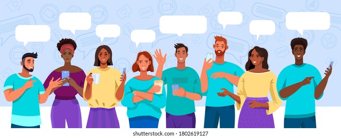 Virtual meeting and group chat illustration with diverse multinational people with smartphones, speech bubbles. Online communication concept with students. Virtual meeting banner with freelancers