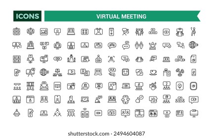 Colección de iconos de reunión virtual. Paquete de iconos de esquema. Conjunto de iconos de Vector editables e ilustración para Web e interfaz de usuario.