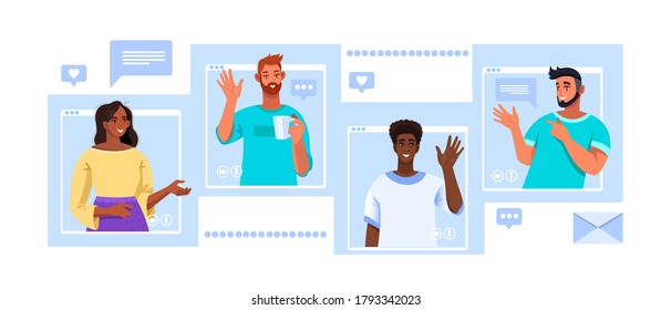 Virtual meeting illustration with different looking multiethnic people saying hello. Online conference banner with young men and women freelancers. Virtual meeting vector concept in flat style