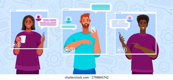 Virtual meeting illustration with diverse freelancers communicating online. Video call, group chat or conference concept with men, women, smartphones. Virtual meeting banner with abstract messages