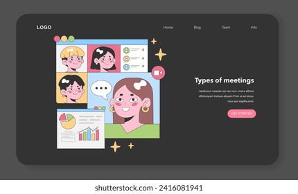Virtual meeting interface showcasing diverse team members with colorful avatars, alongside a data-driven presentation. Interaction and communication are at the forefront. Flat vector illustration