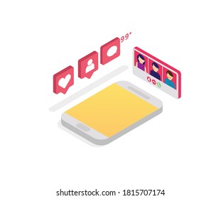 Virtual Meeting Isometric Element Concept. Virtual Teleconference and Media Social Button for Landing Page Premium Vector