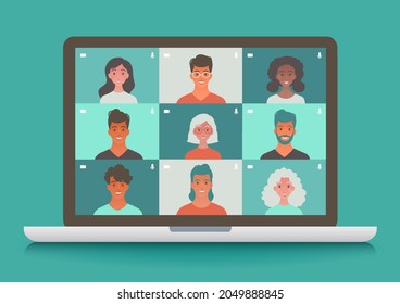 Virtual meeting and learning via teleconference. People getting together through video call application. Online communication concept vector illustration