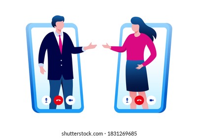 Virtual meeting and meetup group with technology computer, laptop, mobile phone, etc. teleconference flat vector illustration fit for banner, flyer, landing page, etc