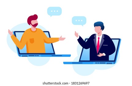 Virtual meeting and meetup group with technology computer, laptop, mobile phone, etc. teleconference flat vector illustration fit for banner, flyer, landing page, etc
