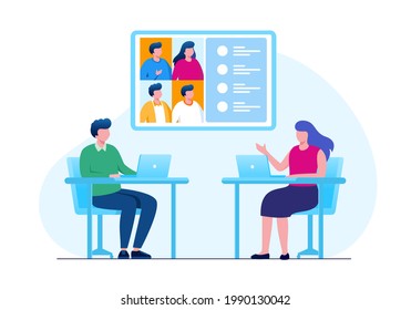 Virtual meeting and meetup group with technology computer, laptop, mobile phone, etc. teleconference flat vector illustration fit for banner, flyer, landing page, etc