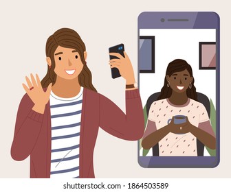 Virtual meeting on the Internet. Female characters on phone screen. Chatting via the Internet. Online communication, afro american girl talks on video and drinks a tea flat vector illustration