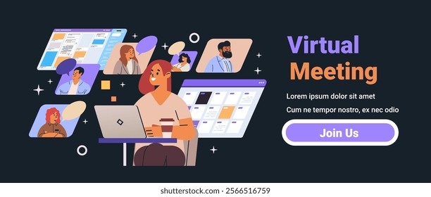 Virtual meeting online collaboration concept illustration. Diverse individuals on video call screens with a woman using a laptop dark background modern design