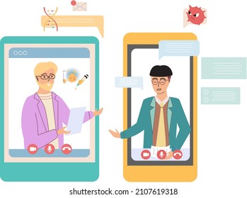 Virtual meeting, online consultation with doctor. Patient at remote reception at therapist with mobile telemedicine application. Doctor appointment, pharmacy app. Health care medical treatment
