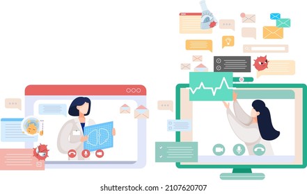 Virtual meeting, online consultation with doctor. Patient at remote reception at therapist with mobile telemedicine application. Doctor appointment, pharmacy app. Health care medical treatment