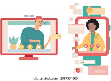 Virtual meeting, online teamwork. Desktop computer with group of colleagues taking part in video conference. Software for videoconferencing and online communication. Online skull session, webinar