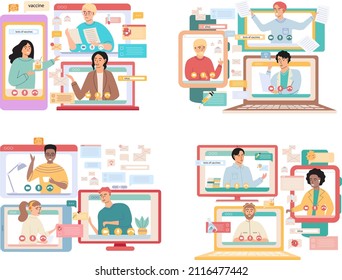 Virtual meeting, online teamwork. Desktop computer with group of colleagues taking part in video conference. Software for videoconferencing and online communication. Online skull session, webinar