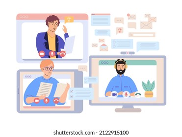 Virtual meeting, online teamwork. Desktop computer with group of colleagues taking part in video conference. Software for videoconferencing and online communication. Online skull session, webinar
