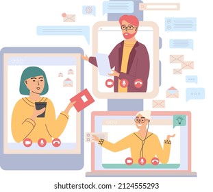 Virtual meeting, online teamwork. Desktop computer with group of colleagues taking part in video conference. Software for videoconferencing and online communication. Online skull session, webinar