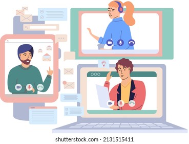 Virtual meeting, online teamwork. Desktop computer with group of colleagues taking part in video conference. Software for videoconferencing and online communication. Online skull session, webinar