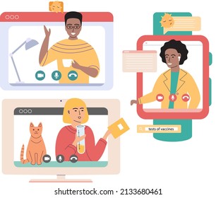 Virtuelles Meeting, Online-Teamwork. Desktop-Computer mit einer Gruppe von Kollegen, die an Videokonferenzen teilnehmen. Software für Videokonferenzen und Online-Kommunikation. Online-Skull-Sitzung, Webinar