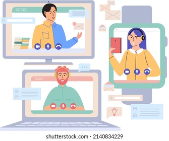 Encuentro virtual, trabajo en equipo en línea. Computadora de escritorio con un grupo de compañeros que participan en una videoconferencia. Software para videoconferencia y comunicación en línea. Sesión de cráneo en línea, seminario web