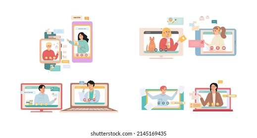 Virtuelles Meeting, Online-Teamwork. Desktop-Computer mit einer Gruppe von Kollegen, die an Videokonferenzen teilnehmen. Software für Videokonferenzen und Online-Kommunikation. Online-Skull-Sitzung, Webinar