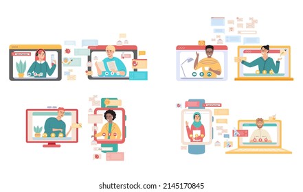 Encuentro virtual, trabajo en equipo en línea. Computadora de escritorio con un grupo de compañeros que participan en una videoconferencia. Software para videoconferencia y comunicación en línea. Sesión de cráneo en línea, seminario web