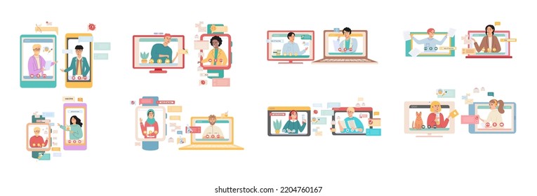 Virtual meeting, online teamwork. Desktop computer with group of colleagues taking part in video conference. Software for videoconferencing and online communication. Online skull session, webinar