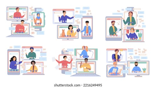 Virtual meeting, online teamwork. Desktop computer with group of colleagues taking part in video conference. Software for videoconferencing and online communication. Online skull session, webinar