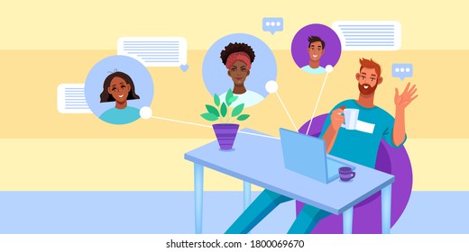 Virtual meeting and online teamwork illustration with young freelancers and diverse people avatars. Group chat and video call concept with home workplace. Virtual meeting and conference vector banner