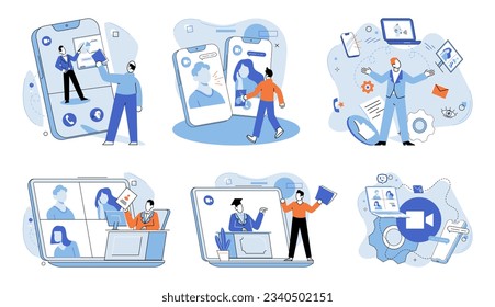 Reunión virtual, conjunto de trabajo en equipo en línea. Teléfono y portátil con un grupo de colegas participando en una videoconferencia. Software para videoconferencia y comunicación en línea. Sesión de cráneo en línea, seminario web
