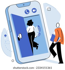 Virtual meeting, online teamwork. Software for videoconferencing and online communication. Users use smartphone for learning and work, corporate discussion in real time, remote business webinar