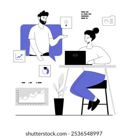 Virtual meeting, online teamwork. Woman and man having video chat, discuss work issues. Vector illustration with line people for web design.	
