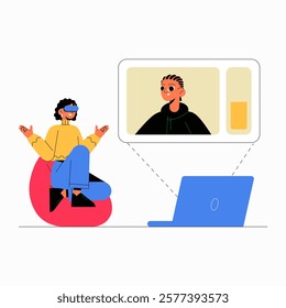 Virtual Meeting With Participants And Relaxed Viewer In Flat Vector Illustration Symbolizing Online Communication, Remote Work, And Digital Networking, Isolated On White Background