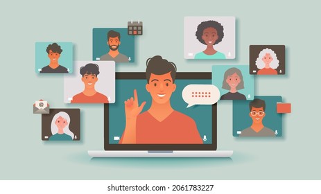 Virtual meeting of people using laptop computer getting together, freelance work, e-learning, online communication and telecommuting concept vector illustration