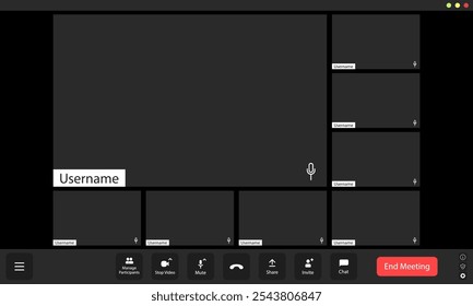 Virtual meeting platform interface showing multiple empty participant slots and a prominent username label in a dark theme