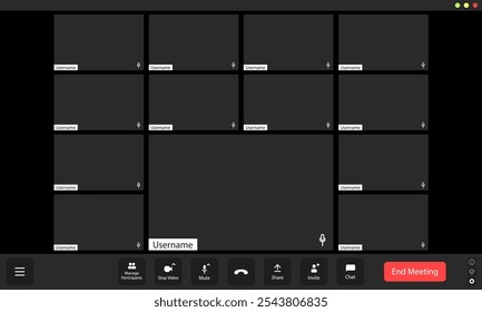 Plataforma de reunião virtual apresentando blocos de participantes vazios durante uma reunião de equipe on-line em uma tarde do dia da semana