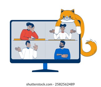 Virtual meeting with playful cat lounging atop computer monitor 2D doodle object. Online conference diverse employees cartoon element flat vector clipart isolated on white. Hand drawn illustration