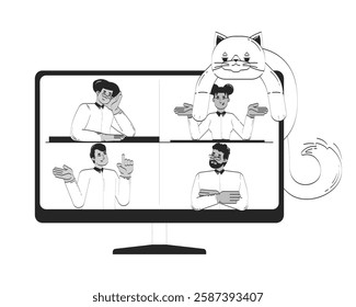 Virtual meeting with playful cat lounging atop computer monitor doodle linear object. Online conference diverse employees 2D vector outline clip art drawing isolated. Hand drawn sketch illustration