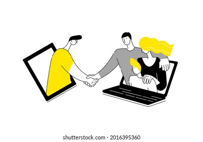 Virtual meeting. Remote distant handshake with family. Vector illustration doodles, line art style design