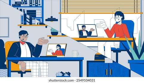 Ilustração simples de funcionários remotos de reuniões virtuais. Vários colegas de trabalho trabalhando remotamente 2D personagens desenhos animados fundo. Vídeo-conferência laptops escritórios residenciais cena vetor narrativa imagem