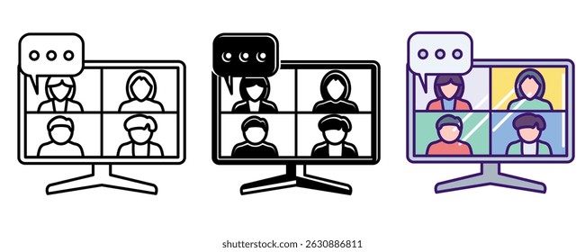 Virtual Meeting Room icon represented by group video call Line, Filled, Color style.