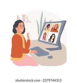 Virtual meeting room isolated cartoon vector illustration. Teen girl having communication with group of friends during live chatting via internet, online virtual meeting vector cartoon.