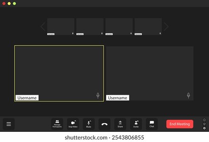 In a virtual meeting setting, usernames are displayed prominently on empty video feeds, highlighting attendees and interactive features during online collaboration.