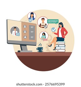 A virtual meeting setup where individuals connect and collaborate through online platforms, emphasizing technology driven teamwork and modern communication. Flat vector modern illustration 