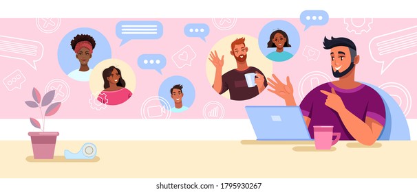 Virtual Meeting And Teamwork Concept With Smiling Boss And Diverse Employees. Video Call And Conference Banner With Laptop, Smm Icons, Smiling Peoples’ Faces. Virtual Meeting Vector Background