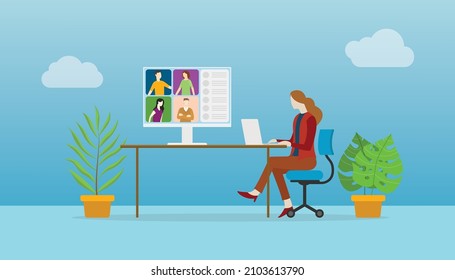 virtual meeting technology with moman sit on computer desk with business partner with modern flat style