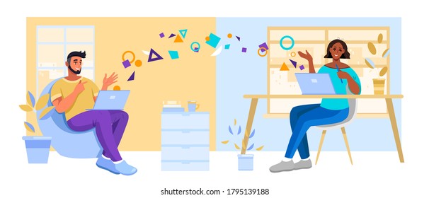 Encuentro virtual de ilustración vectorial con jóvenes alegres hombres y mujeres charlando en línea en casa. Concepto de trabajo en equipo de videollamadas con freelancers trabajando en internet. Banner de reunión virtual de estilo plano