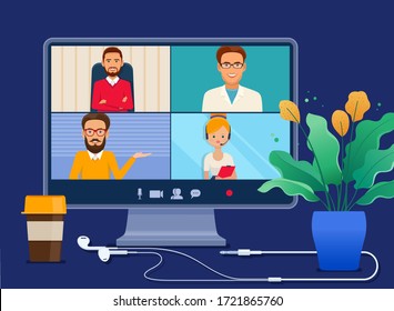 Virtual meeting via video conference on a computer screen. Conference video call, work at home. Computer monitor stands next to a flower in a pot, headphones and a coffee cup. Vector flat illustration