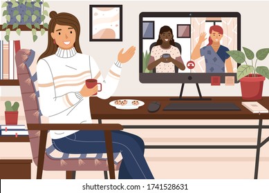 Virtual meeting. Video chat with friends. Young woman having videoconference with colleagues. Corporate video call, distant discussion. Teamwork during quarantine. Chatting with friends online